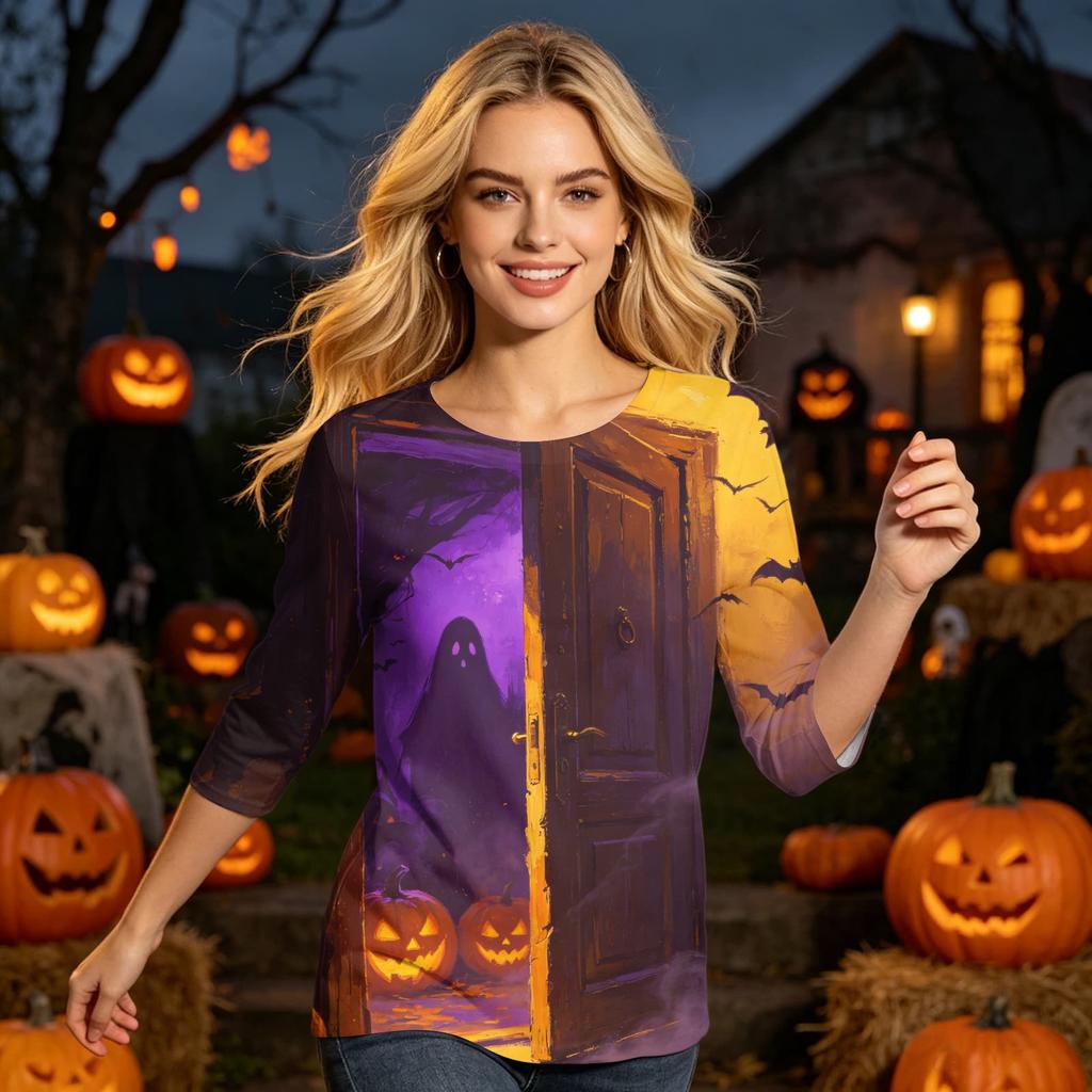 Women's Casual Halloween Graphic Top Three Quarter Sleeve Round Neck Shirt Lightweight Soft Fabric Comfortable Fit