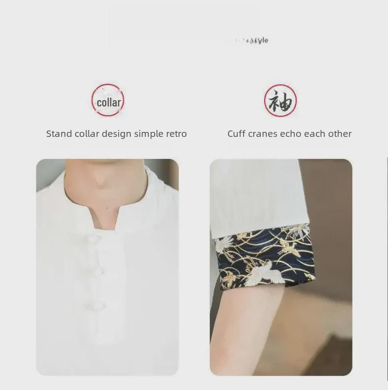 Men’s Chinese Crane Embroidery Cotton-Linen Short-Sleeve T-Shirt