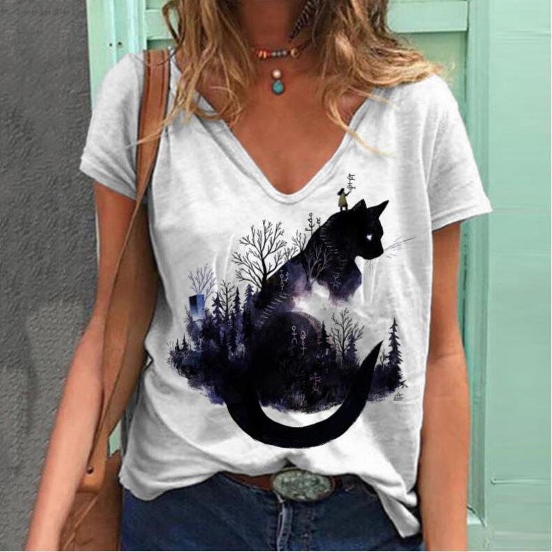 Summer Women's Cute Pet Series V-neck 3D Printed Daily Short Sleeved T-shirt for Women Shirt