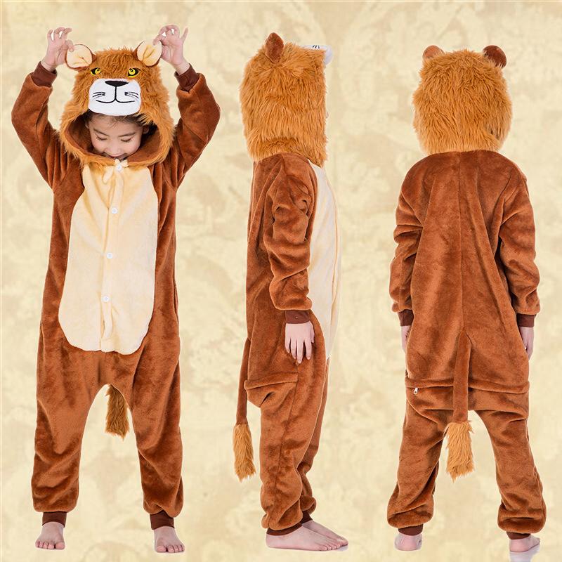 Kinder Dierenkostuum Onesie - Leeuw / Dinosaur Pyjama Met Capuchon, Staart En Masker - Carnavalskostuum