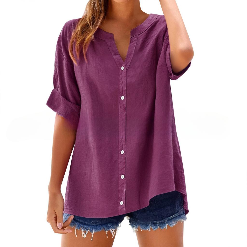 Women Shirt V-neck Short Sleeve Buttons Placket Shirt Tops Solid Color Loose Fit Casual Blouse Daily Wear