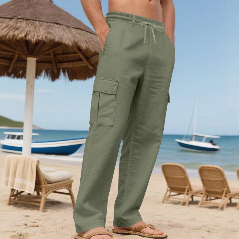 Men's Workwear Linen Trousers with Drawstring, Multiple Pockets, Straight Leg, Solid Colour, Breathable Outdoor Beach Casual Trousers