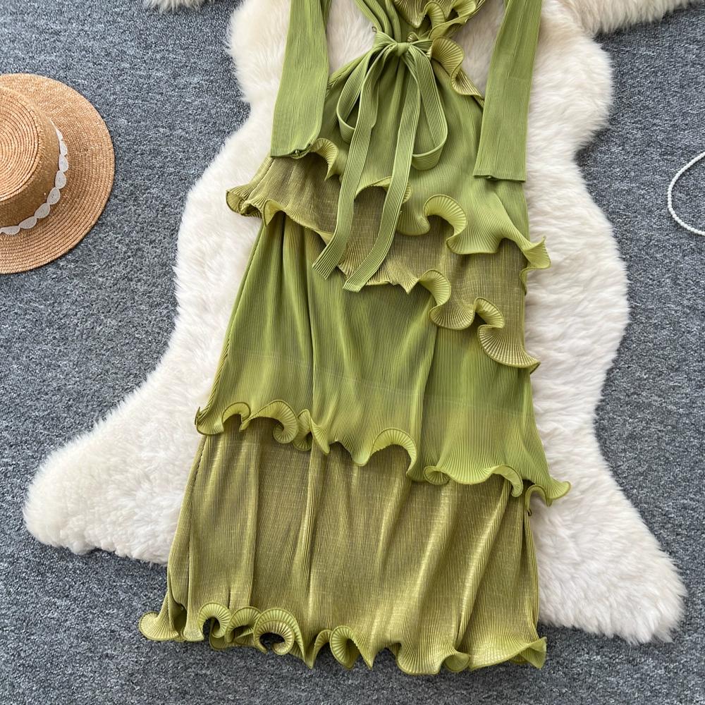 Autumn Winter Women Elegant 3D Flower Ruffles Miyake Fold Christmas Party Oversized Loose Lace-up Dresses