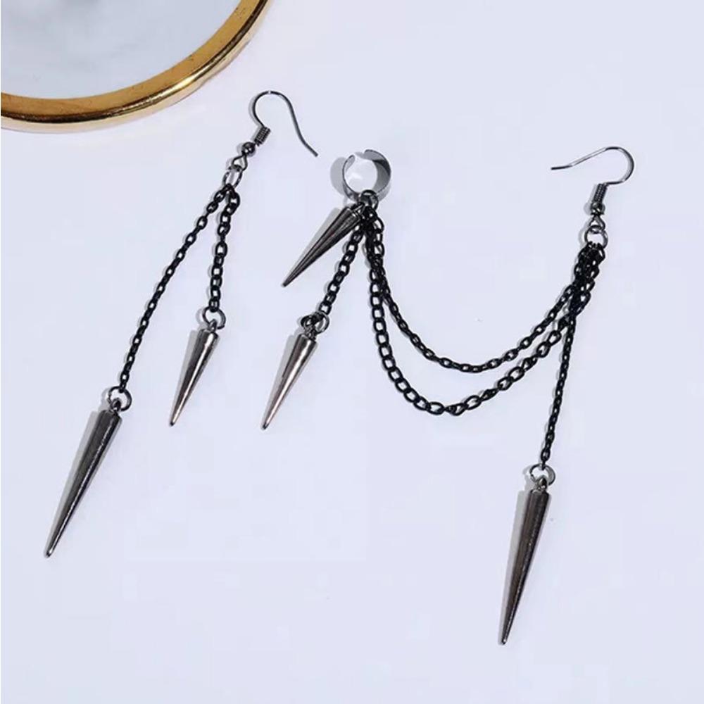 New Fashion Creative Trend Men's Retro Black Tassel Long Chain Punk Earrings Hip Hop Rivets Earrings Female Gothic Party Jewelry
