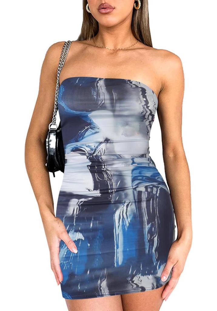 European & American Style Strapless Printed Bodycon Sexy Short Dress