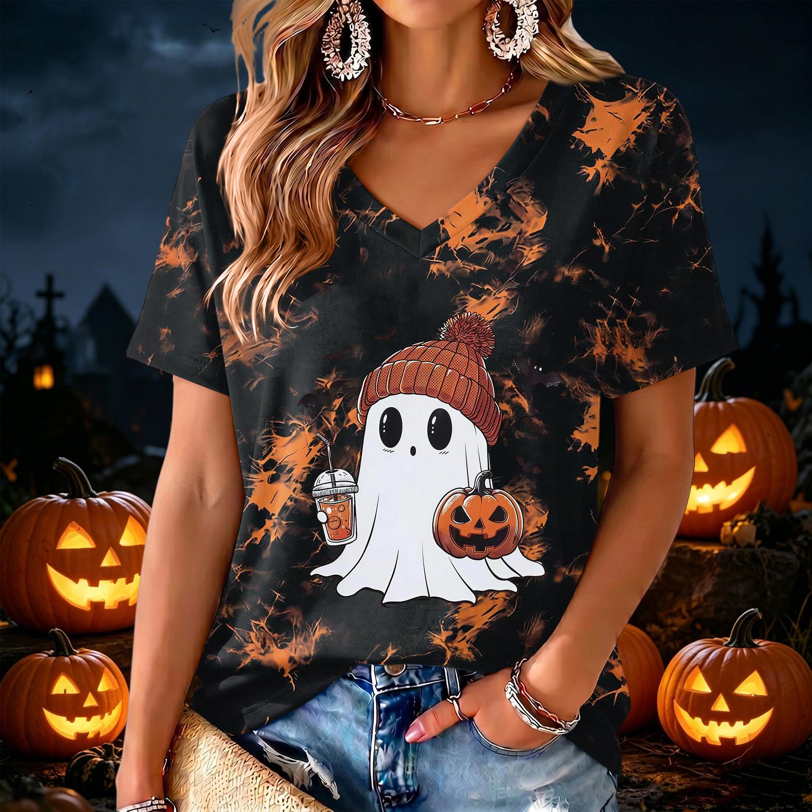Women s V Neck Halloween Print Lightweight Summer Top L