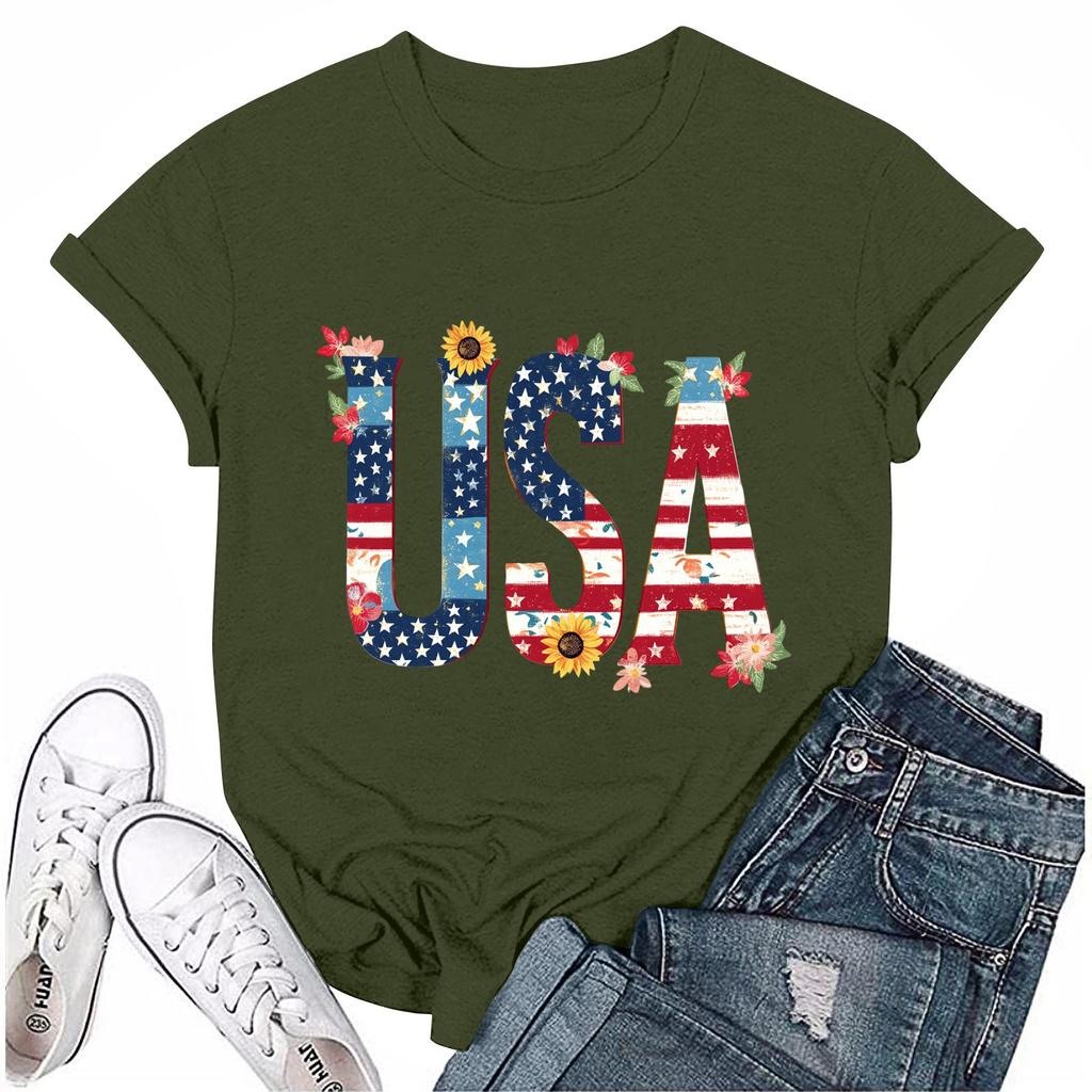 Dámské ležérní tričko s krátkým rukávem a potiskem ke Dni nezávislosti s kulatým výstřihem