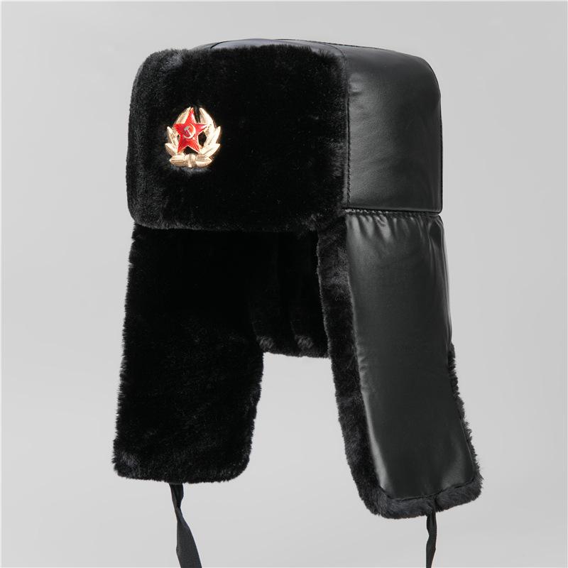 Winter Duty Cotton Hat, Black Velvet Security Lei Feng Hat, Northeast Windproof Warm Thickened Leather Hat, Cold-Resistant Cotton Hat