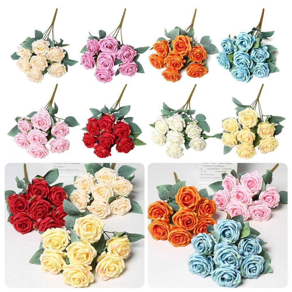 7 Heads Rose Artificial Flower Multicolor Rolled Edge Faux Flower Photo Props Green Leaves Flower Bouquet Wedding Ornament