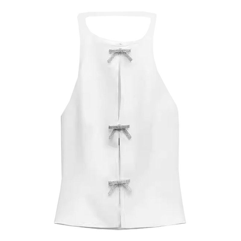 Summer New Product Women's Clothes French Style Design Bowknot Decoration Hanging Collar Backless Short Tops 4772009