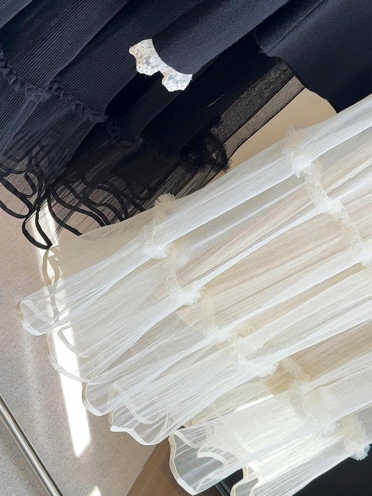 Velvet Mesh Patchwork A-Line Skirt - Women's Mid-Length Pleated Fairy Skirt, Autumn/Winter 2025.