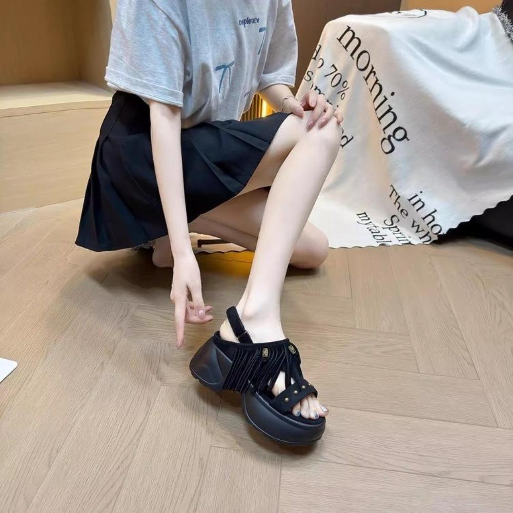 Fashion Bohemia Metal Rivet Decoration Fringe Suede Sandals Women 2025 Summer Chunky Platform Wedge Heel Sandals Casual Back Strap Shoes
