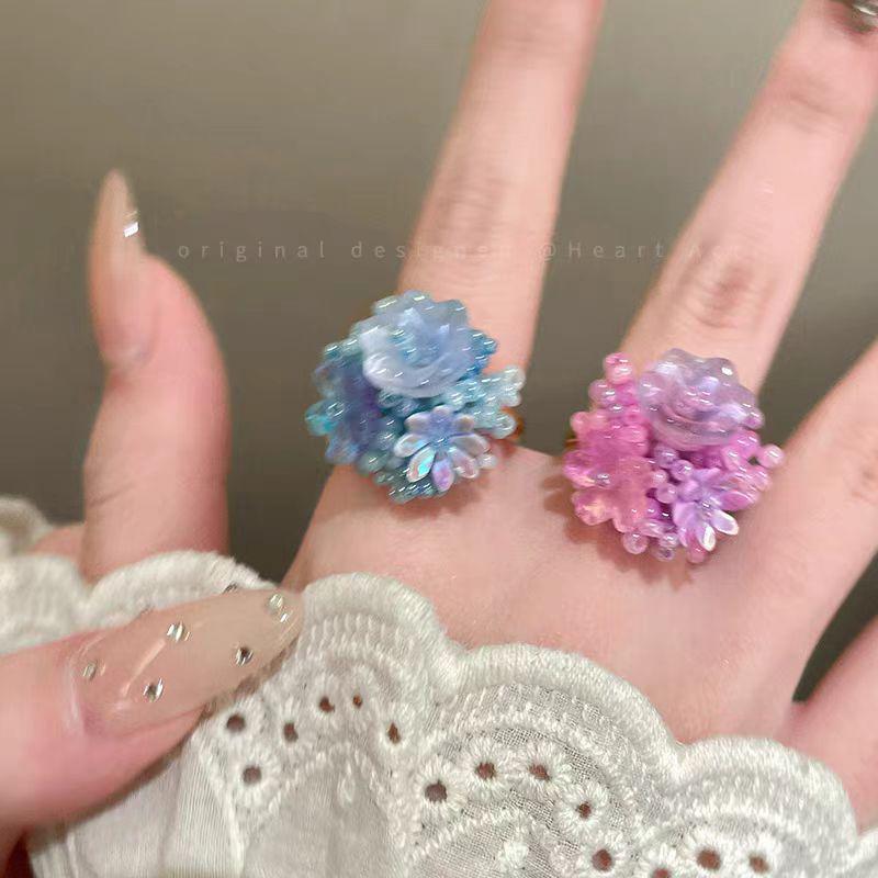 Dopamine Hydrangea Flower Ring for Women - Sweet Vacation Style, Fresh & Dazzling Beaded Design