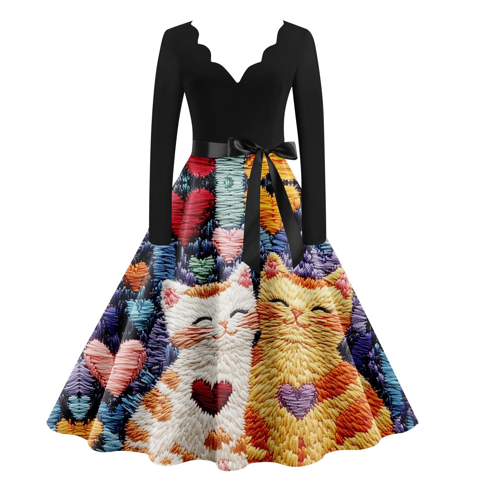 

Женское повседневное модное платье с V-образным вырезом и длинным рукавом с милым принтом в винтажном стиле XL жёлтый