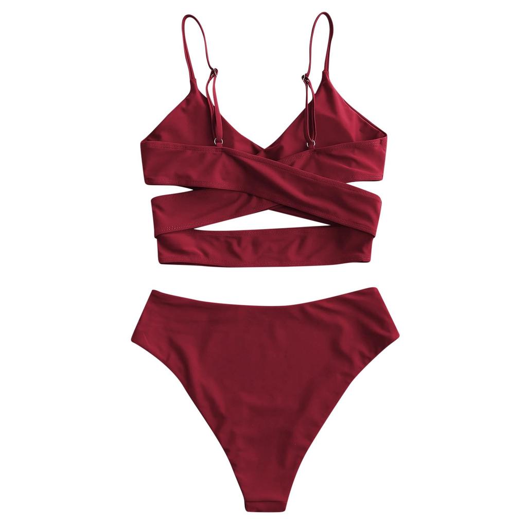 Women's High Waist Two Piece Swimsuit with Cross Wrap Straps Adjustable Spaghetti Straps Bikini Set for Beach Pool Swimwear