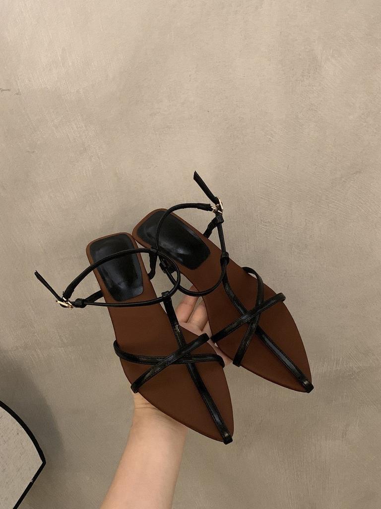 Niche high-end slope heel pointed sandals fairy shoes 2025 summer temperament with skirt thin strap Roman shoes