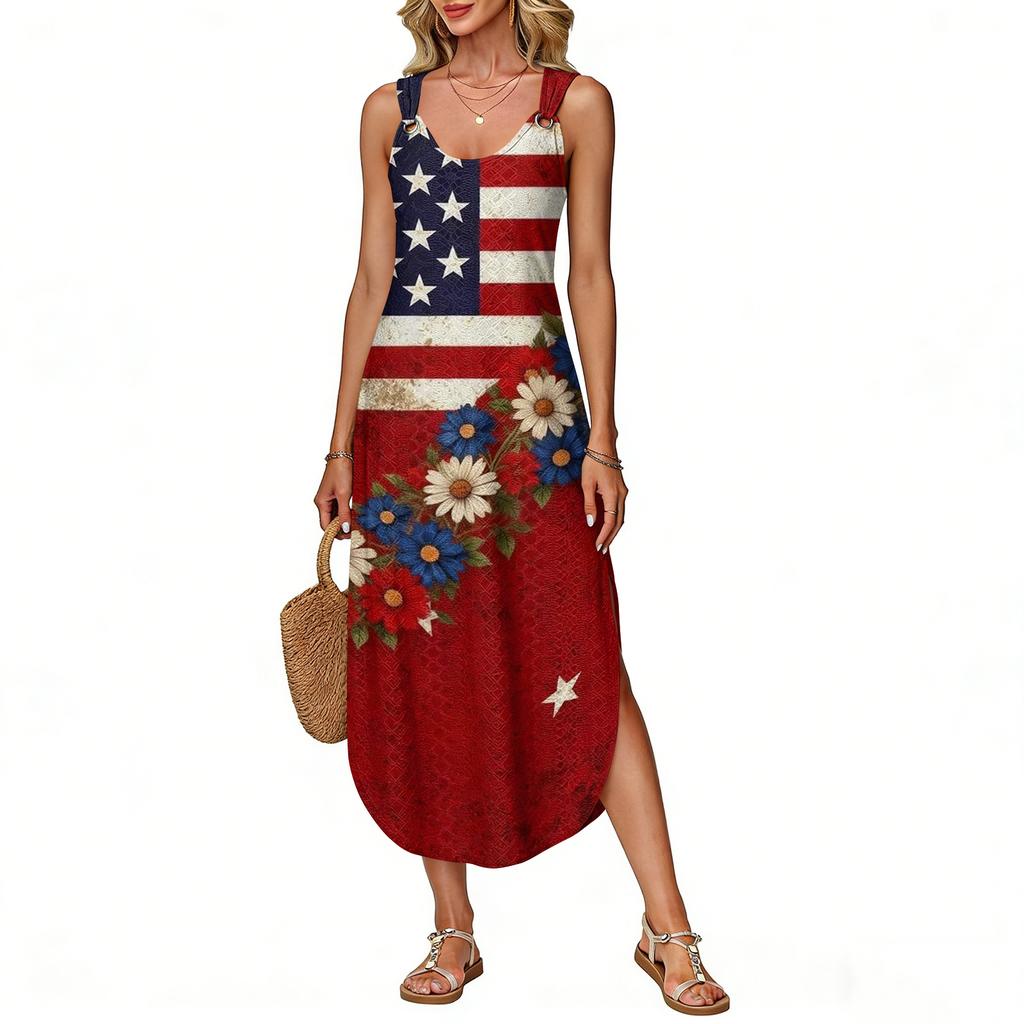 Women's Summer Long Dress Sleeveless Side Slit Long Independence Day Print Vacator Dress