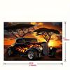 Stylish Old Car Tapestry, Hot Rod with Flames at African Sunset Landscape Wall Art for Party Backdrop
