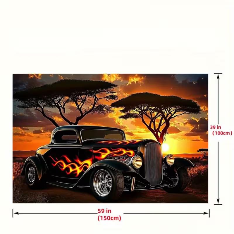 Stylish Old Car Tapestry, Hot Rod with Flames at African Sunset Landscape Wall Art for Party Backdrop