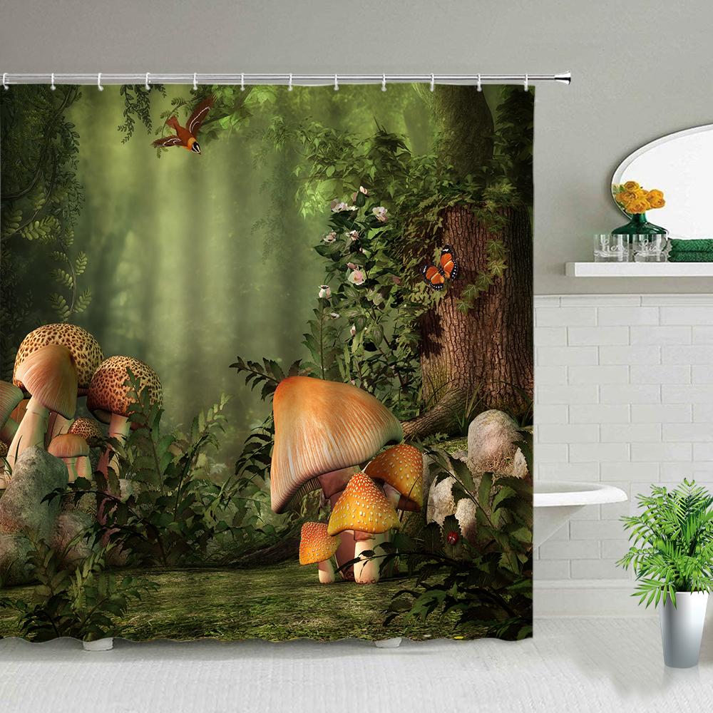 Fantasy Forest Shower Curtain Set Mystery Fairy Forest  Mushroom Flower Plant Home Bathroom Decor Curtains  Bath Accessory Set