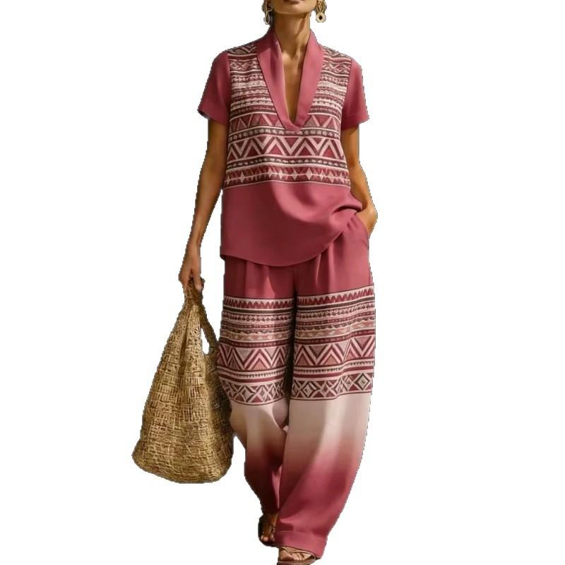 1116 Fashion Summer New Versatile Elegant V-Neck Short Sleeve T-Shirt Pullover and Casual Pants Set