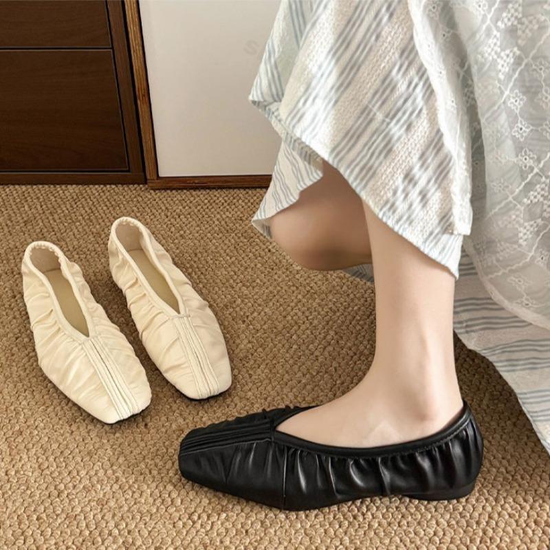 Fashion Elegant Square Head Pleated Shallow Mouth Casual Flat Single Shoes for Women 2025 Autumn New Versatile Comfortable Fashion Flats