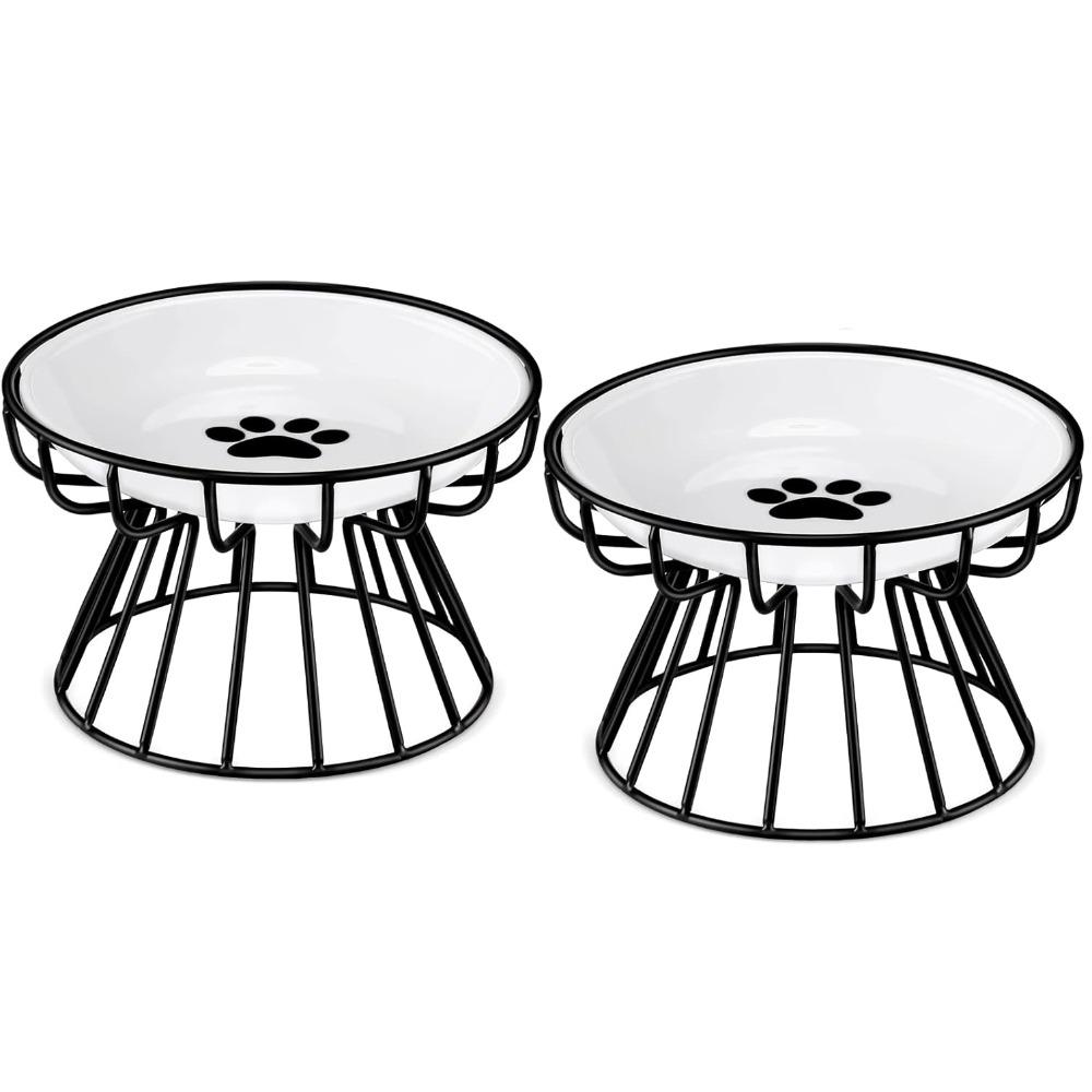 2sets Elevated Cat Bowls Ceramic Raised Cat Food Bowls with Metal Stand Dishwasher Safe Dishes Non Slip Elevated Food Plate 2sets