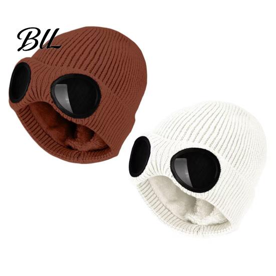Casual Winter Accessory for Outdoor Activities 2Pcs Fleece Lined Hats with Goggles, Warm Knit Durable Cap Cold Weather Hats, Windproof Skiing Caps Men