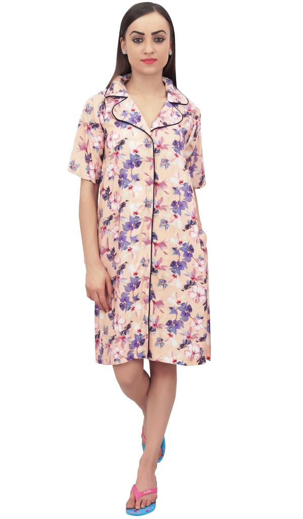 Bimba Women's Peach Sleepshirt Short Sleeve Floral Print Nightwear With Pockets -