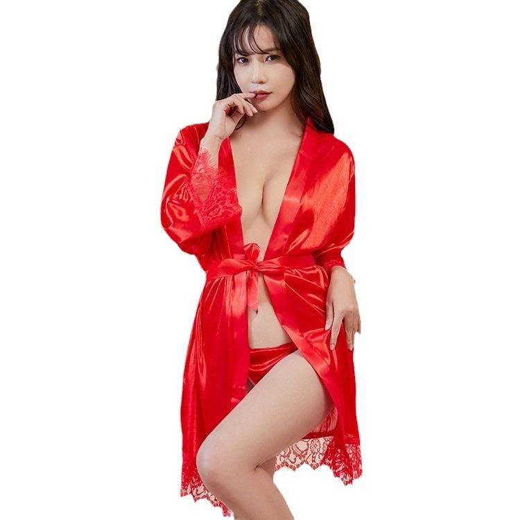 Plus Size Ice Silk Erotic Lingerie & Bathrobe Set
