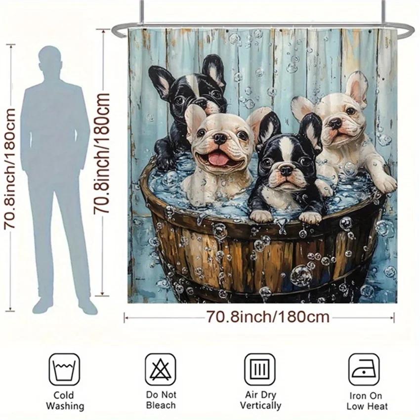 Naughty Puppy Shower Curtain - French Bulldog in Bath Hanging on Living Room Wall, Bedroom Decoration - Adorable Pet Inspiration