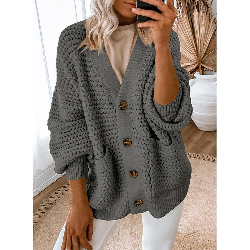 Women S Loose V Neck Lantern Sleeve Button Front Knit Cardigan Sweater