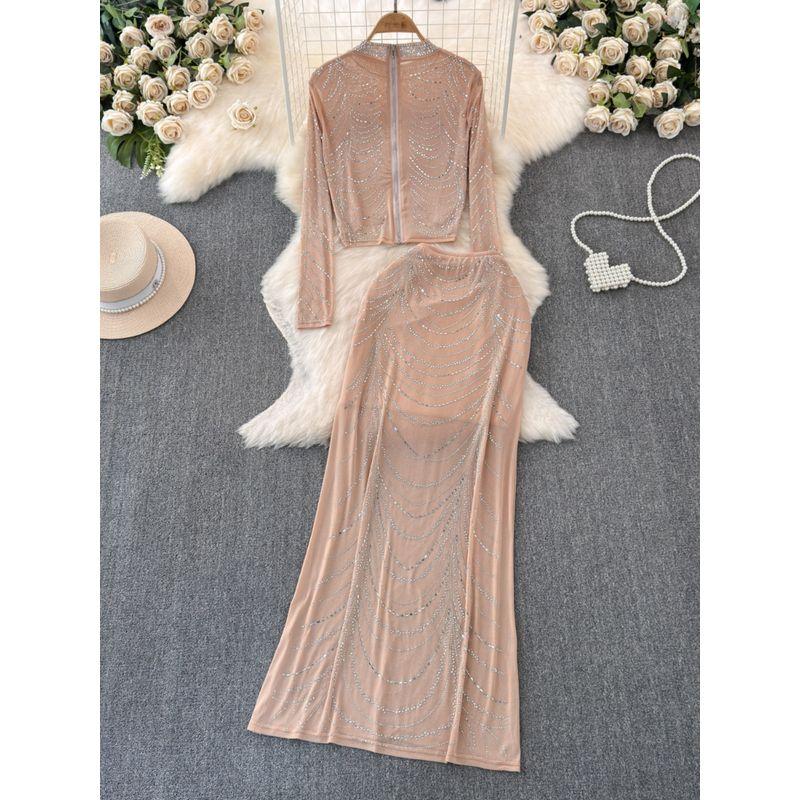 Influencer Picks 2024 Summer New Arrival Elegant Socialite Heavy Embroidery Hot Drilling Yarn Tops + Long Sheath Skirt Suit