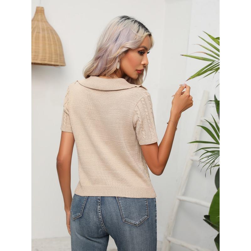 Twisted Lapel Short-sleeved Knit Sweater Women's Stranded Short Tops Summer Cross-border Women's Clothing