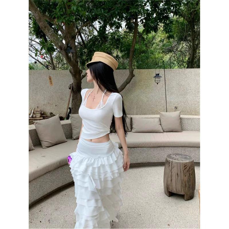 

Pink Lace Spliced Two-Piece Camisole T-Shirt – Women s Slim-Fit Short Sleeve Summer Top L білий