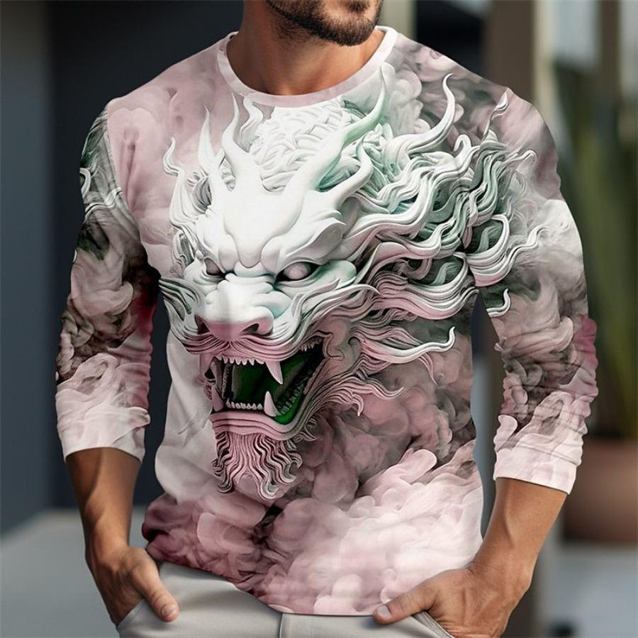 Spring Autumn Dragon Pattern T Shirts Round Neck Long Sleeve Top Men's Plus Size Sport Wear Plus Size Vintage 3d Print T Shirt