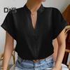Koszula damska V Neck Stójka Jednorzędowy krótki rękaw Jednolity kolor Jedwabiście gładka Formalna Biznes OL Styl dojazdowy Top damski Bluzka