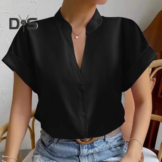 Dámská košile s výstřihem do V límec Jednořadá s krátkým rukávem Jednobarevná Hedvábně hladká Formální Business OL Dámská top halenka ve stylu dojíždění