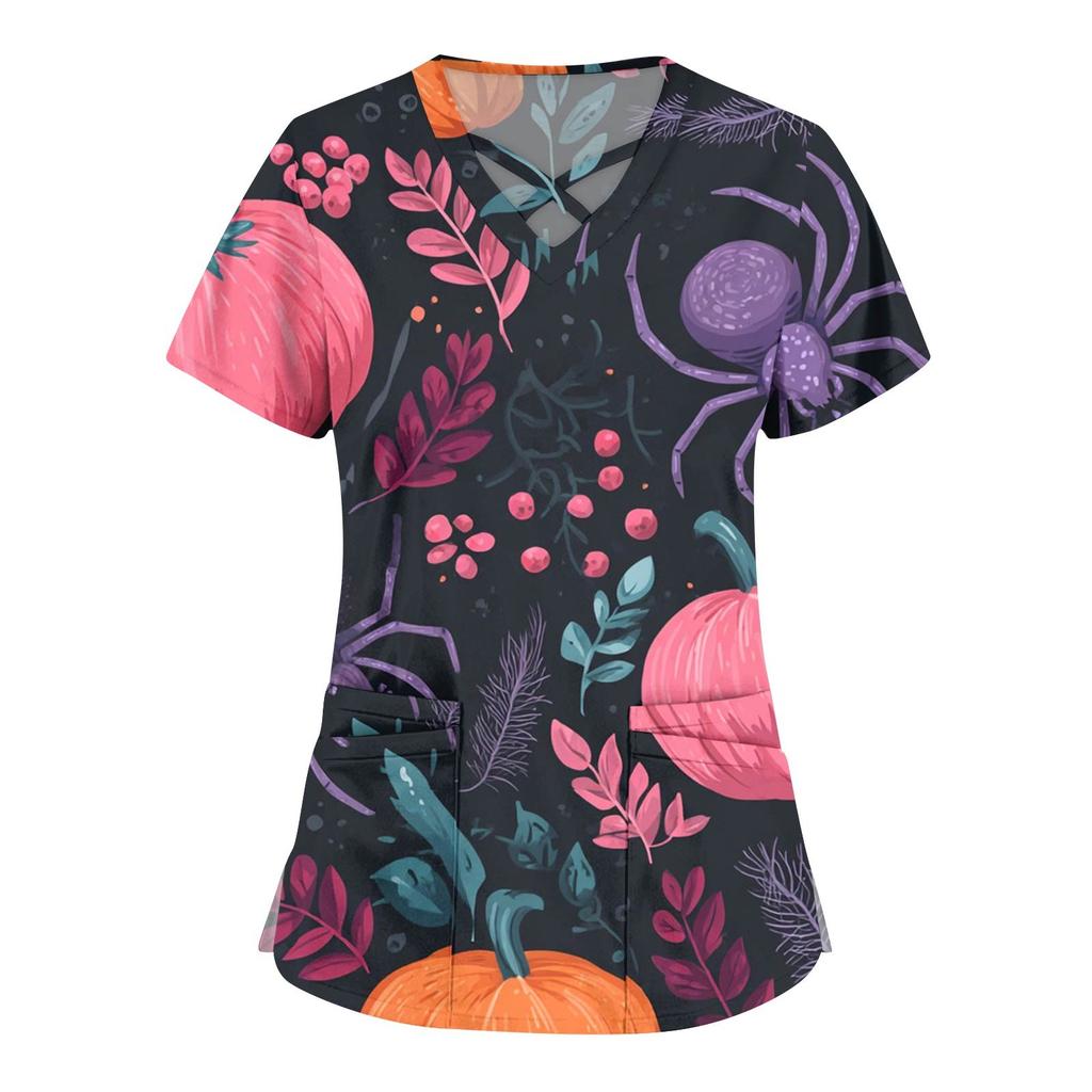 Women's Fashion Cross V Neck Short Sleeve Overalls Double Pockets Halloween Printed Tops Uniforms