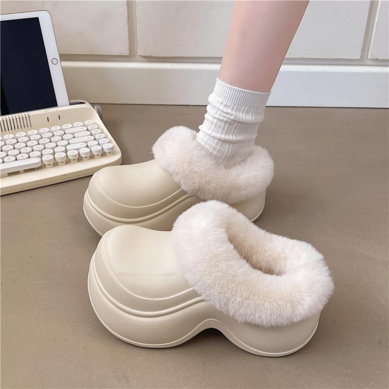 New women's outer wear thick-soled heightening fluffy slippers piled warm waterproof non-slip versatile casual cotton mop