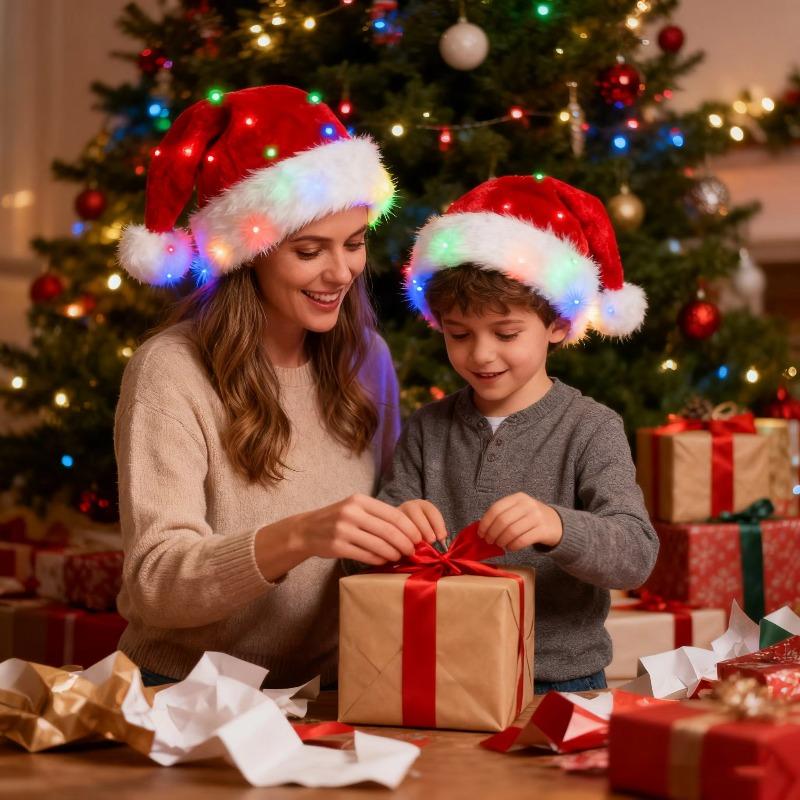 LED Blinkende Weihnachten Leuchtende Mütze, Weiche Plüsch Weihnachtsmannmütze Batteriebetrieben Leuchtende Feiertagsparty-Mütze für Erwachsene & Kinder