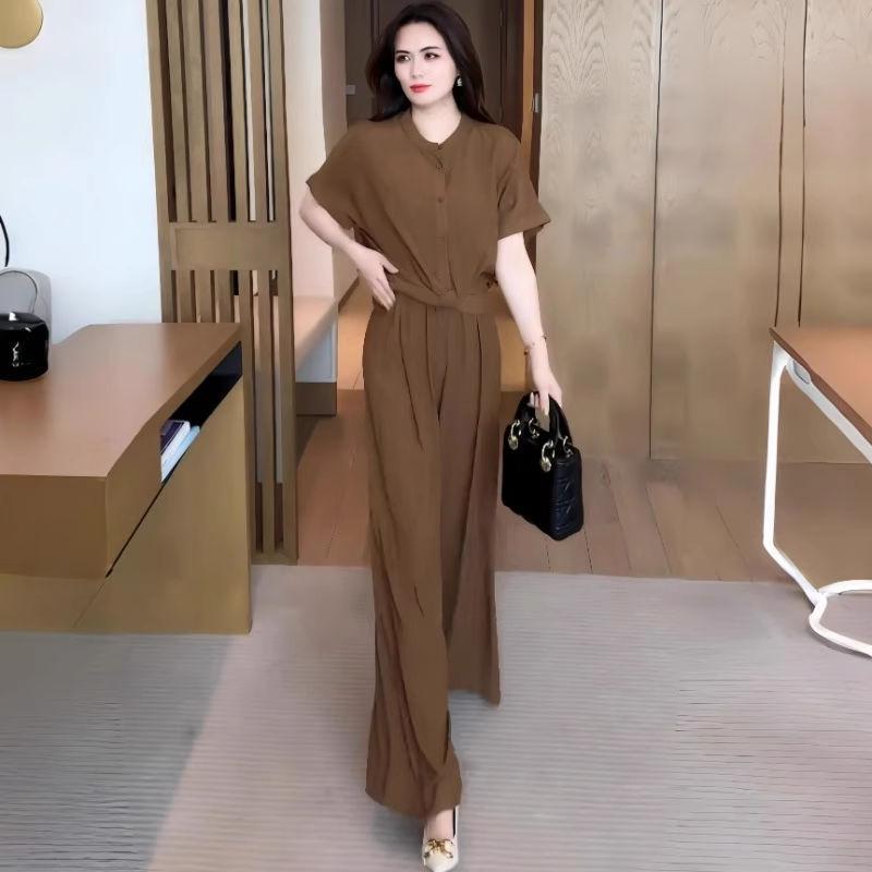 

2025 Summer Plus Size Women s Two-Piece: Short Sleeve Top & Casual Wide-Leg Pants M recommended for up to 100 lbs