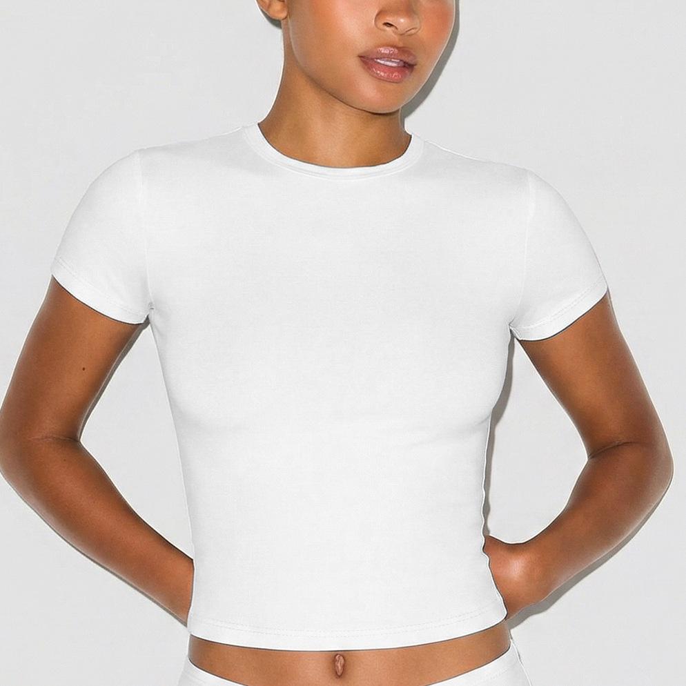 Cross-border new sports and leisure short-sleeved suit, European and American Spice Girls slim-fit elastic tight round neck front shoulder T-shirt top
