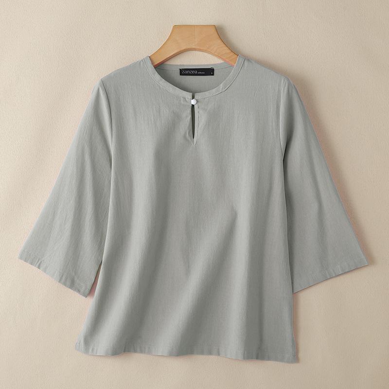 ZANZEA Blusa da donna a maniche 3/4 a girocollo in cotone ampio a tinta unita
