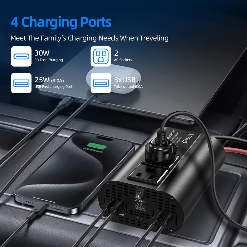 1500W Solar Inverter with LCD display,DC 12V To AC 110V  USB Type-C Portable Power Bank, Car Converter Vehicle-mounted Inverter