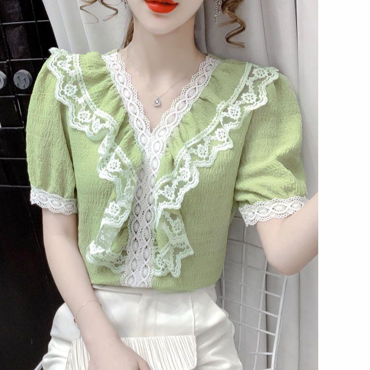 V Neck Lace Blouse Summer Fashion Flounce Short Sleeve T Shirt Women Trendy Youthful Top