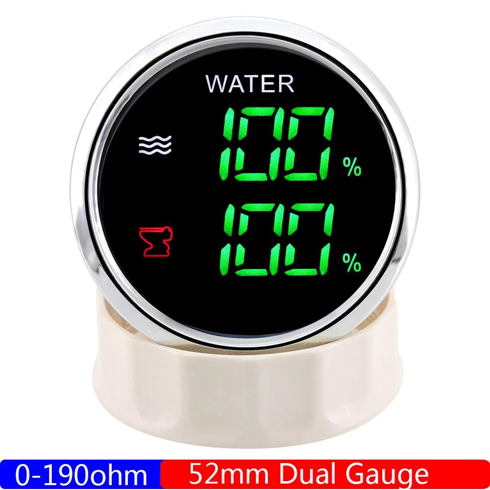 Digital Dual Gauge with Alarm 52MM Water Level+Sewage Level Meter for Water/Sewage Level Sensor 0-190ohm Boat Car 12V24V