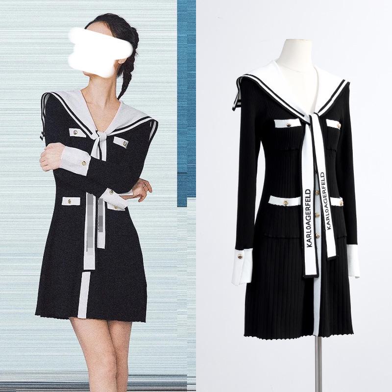 

In Stock: Ruby Lin Navy Collar Tie Shawl Color Block Slim Long Sleeve Wool Knit Dress for Women M (53-58 kg)