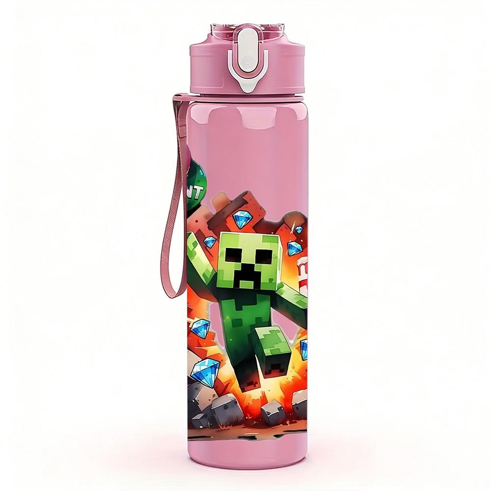 1PC Minecraft Creeper Fire Explosion Print 750ml Color Plastic Sports Water Bottle Leakproof Flip Straw Lid Suitable for Sports Office Home Use