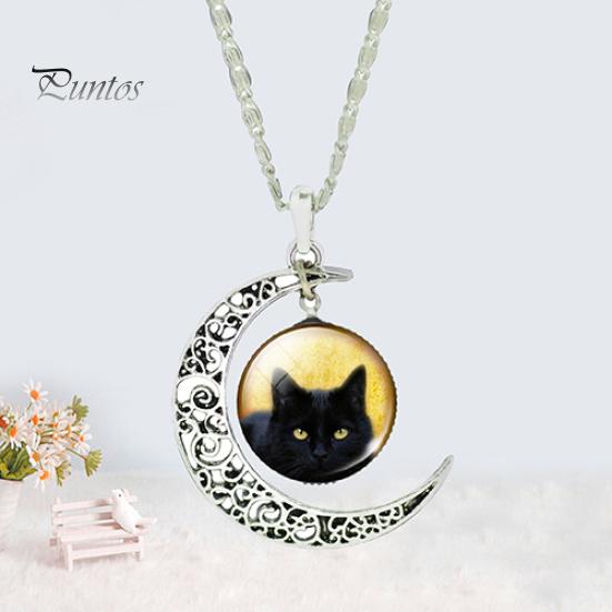 Women\'s Hollow Crescent Black Cat Glass Pendant Link Chain Necklace Jewelry